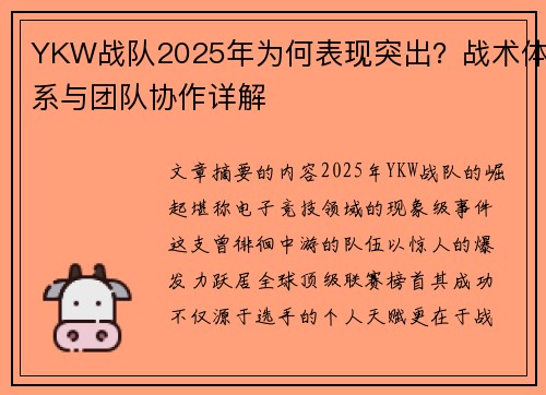 YKW战队2025年为何表现突出?战术体系与团队协作详解